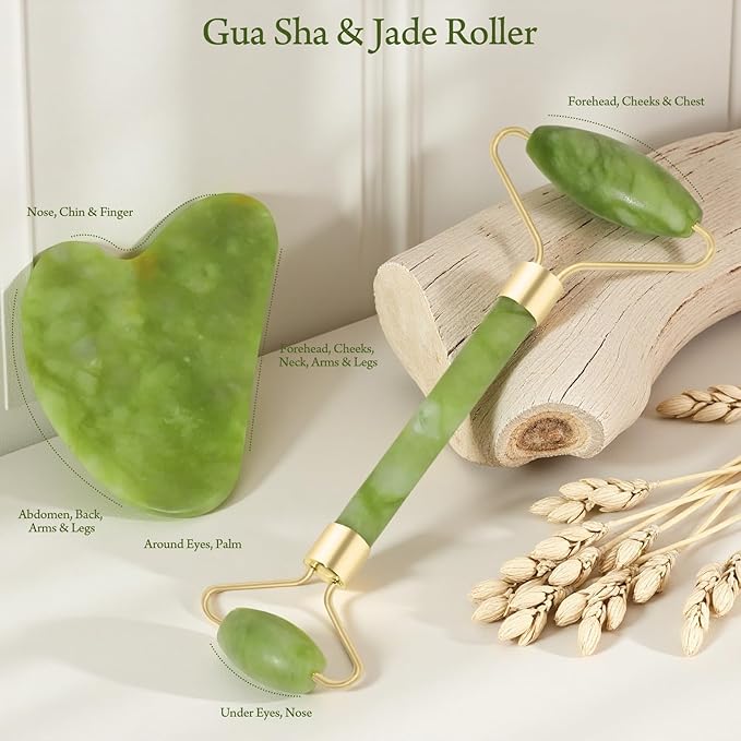 AquaDrip Jade Face Roller & Gua Sha Skincare Set – Facial Massage Kit with Cleansing Brush & Spa Headband | Helps Reduce Puffiness & Refresh Skin | Green