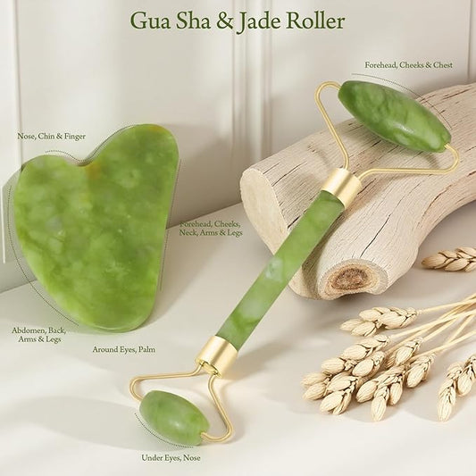 AquaDrip Jade Face Roller & Gua Sha Skincare Set – Facial Massage Kit with Cleansing Brush & Spa Headband | Helps Reduce Puffiness & Refresh Skin | Green