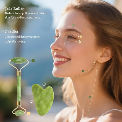 AquaDrip Jade Face Roller & Gua Sha Skincare Set – Facial Massage Kit with Cleansing Brush & Spa Headband | Helps Reduce Puffiness & Refresh Skin | Green