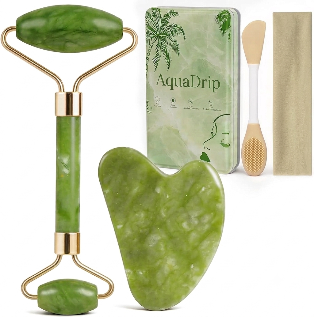 AquaDrip Jade Face Roller & Gua Sha Skincare Set – Facial Massage Kit with Cleansing Brush & Spa Headband | Helps Reduce Puffiness & Refresh Skin | Green