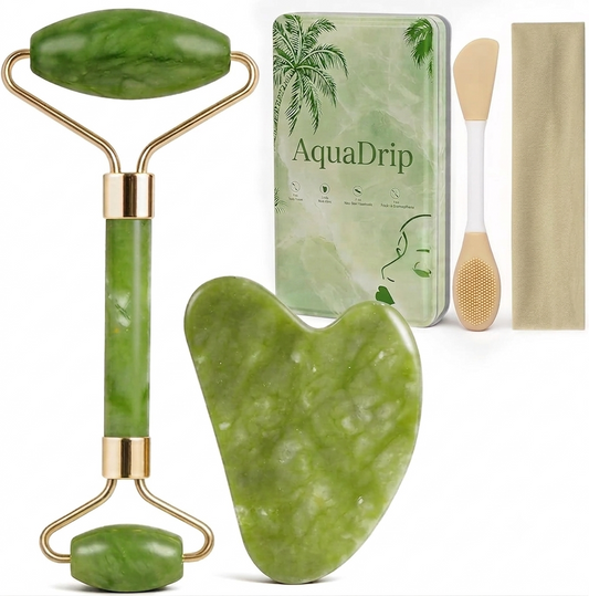AquaDrip Jade Face Roller & Gua Sha Skincare Set – Facial Massage Kit with Cleansing Brush & Spa Headband | Helps Reduce Puffiness & Refresh Skin | Green